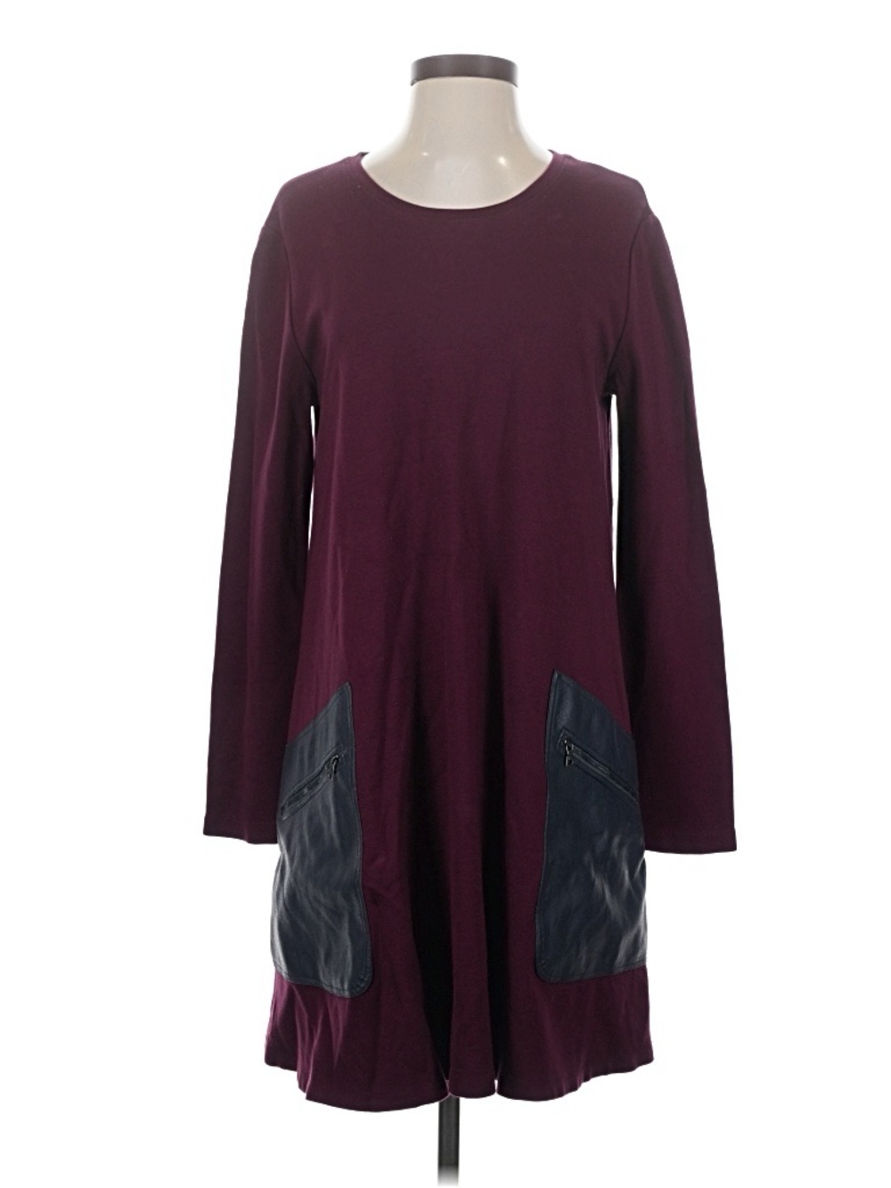 BCBGMaxAzria Burgundy Long-Sleeve Swing Dress with Black Pocket Panels